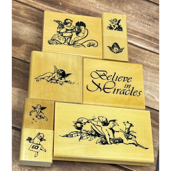 1999 ANITA'S SET OF 8 ANGEL WOOD MOUNTED RUBBER STAMPS CHERUB MIRACLE - Picture 1 of 3